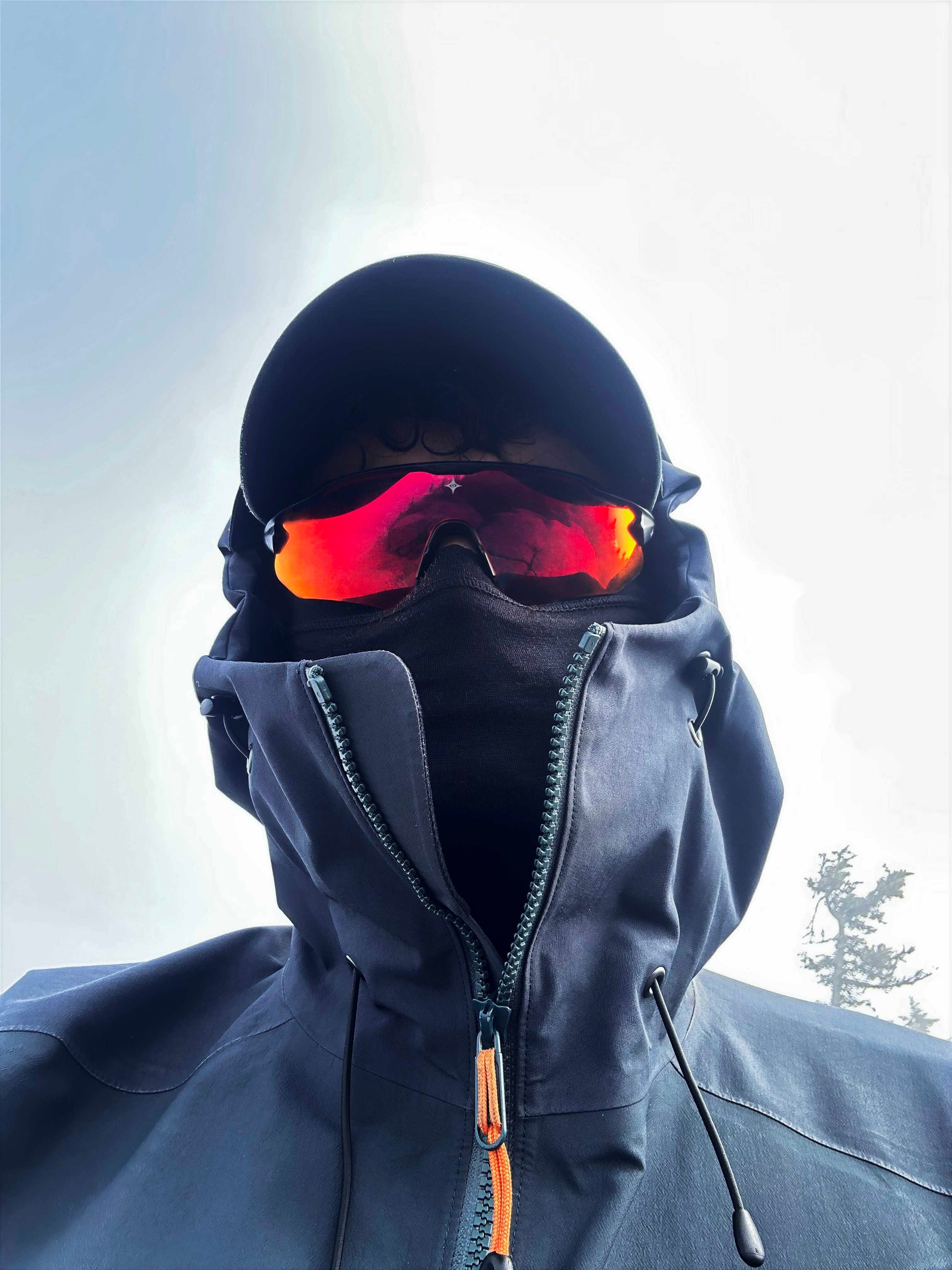 Person wearing a dark blue hooded jacket and reflective goggles with a snowy background